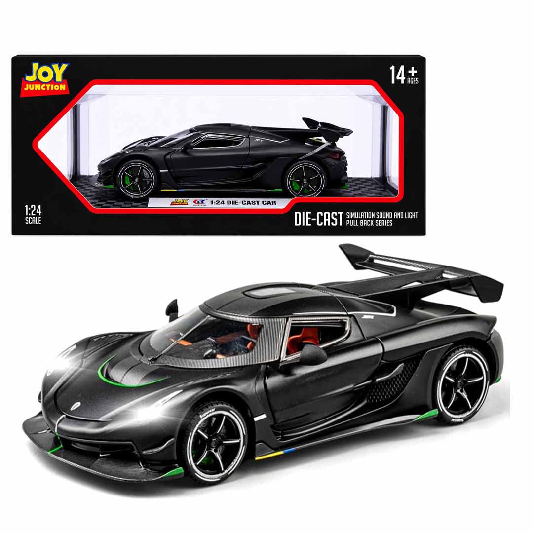 Joy Junction Koenig Smoke 1:24 Scale Die-Cast Hypercar Model with Sound & Light – Pull Back Metal Sports Car Toy for Collectors (Black)