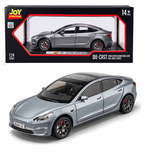 Joy Junction 1:24 Scale Tesla Model 3 Die-Cast Car Model with Sound & Light – Pull Back Metal Collectible Toy Car (Silver Grey)