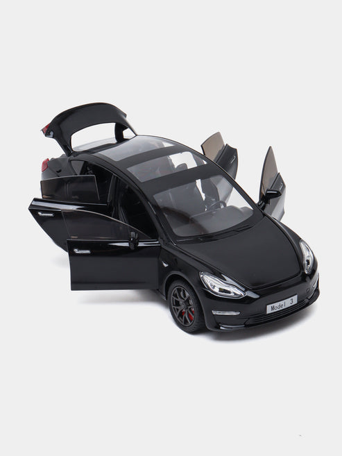 Joy Junction 1:24 Scale Tesla Model 3 Die-Cast Car Model with Sound & Light – Pull Back Metal Collectible Toy Car (Black)