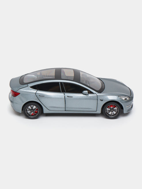 Joy Junction 1:24 Scale Tesla Model 3 Die-Cast Car Model with Sound & Light – Pull Back Metal Collectible Toy Car (Silver Grey)