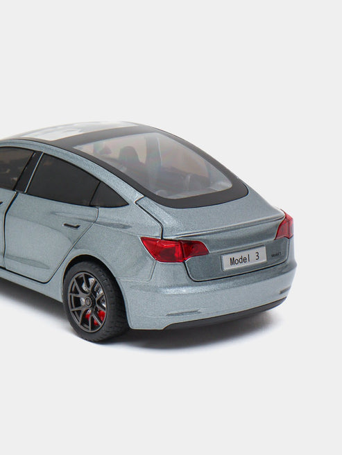 Joy Junction 1:24 Scale Tesla Model 3 Die-Cast Car Model with Sound & Light – Pull Back Metal Collectible Toy Car (Silver Grey)
