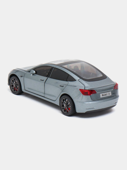 Joy Junction 1:24 Scale Tesla Model 3 Die-Cast Car Model with Sound & Light – Pull Back Metal Collectible Toy Car (Silver Grey)