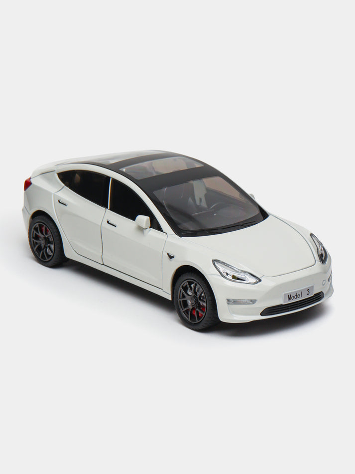 Joy Junction 1:24 Scale Tesla Model 3 Diecast Car Model with Sound & Light – Pull Back Metal Toy Car for Kids & Collectors (White)