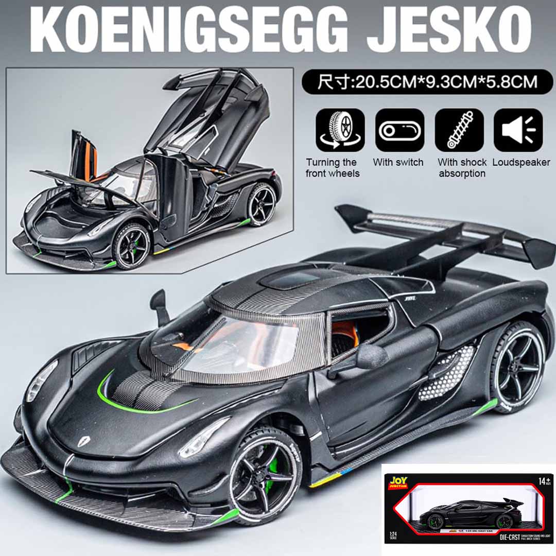 Joy Junction Koenig Smoke 1:24 Scale Die-Cast Hypercar Model with Sound & Light – Pull Back Metal Sports Car Toy for Collectors (Black)