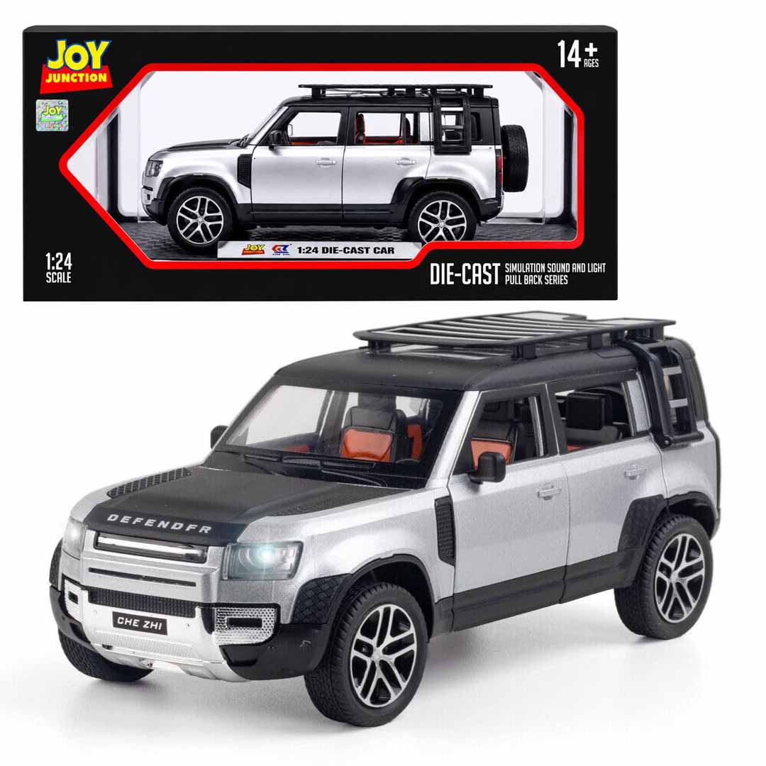 Joy Junction 1:24 Scale Defender SUV Die-Cast Model Car with Sound & Light – Pull Back Metal Off-Road Vehicle Toy (Silver)
