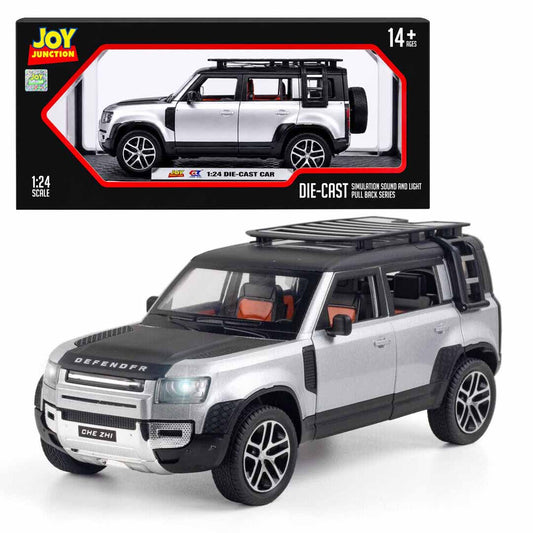 Joy Junction 1:24 Scale Defender SUV Die-Cast Model Car with Sound & Light – Pull Back Metal Off-Road Vehicle Toy (Silver)