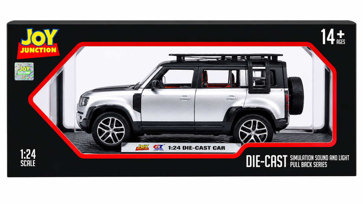 Joy Junction 1:24 Scale Defender SUV Die-Cast Model Car with Sound & Light – Pull Back Metal Off-Road Vehicle Toy (Silver)
