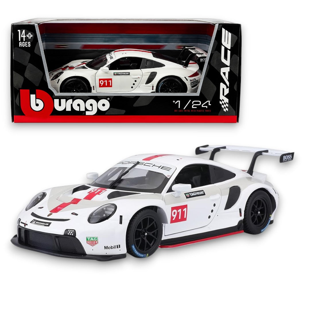 Bburago Porsche 911 RSR #911 1:24 Die-Cast Model Car | White Racing Edition | Premium Collectible
